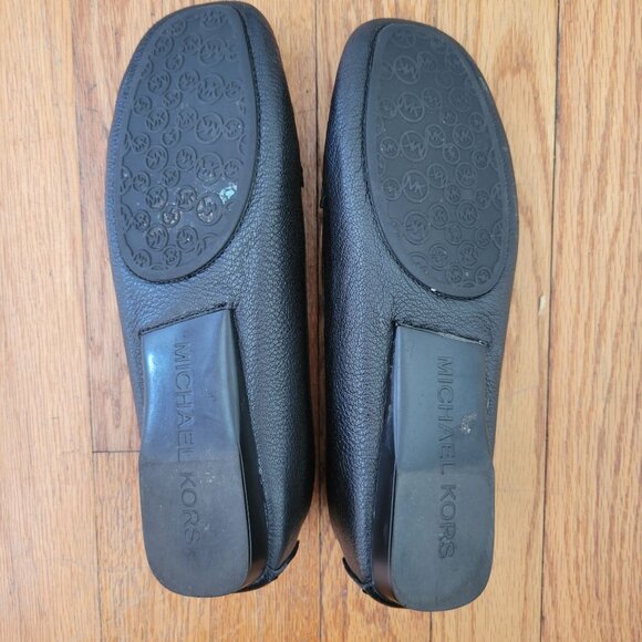 Michael Kors 8M Black Leather Loafers With Silver MK Logo Accent - Picture 3 of 11